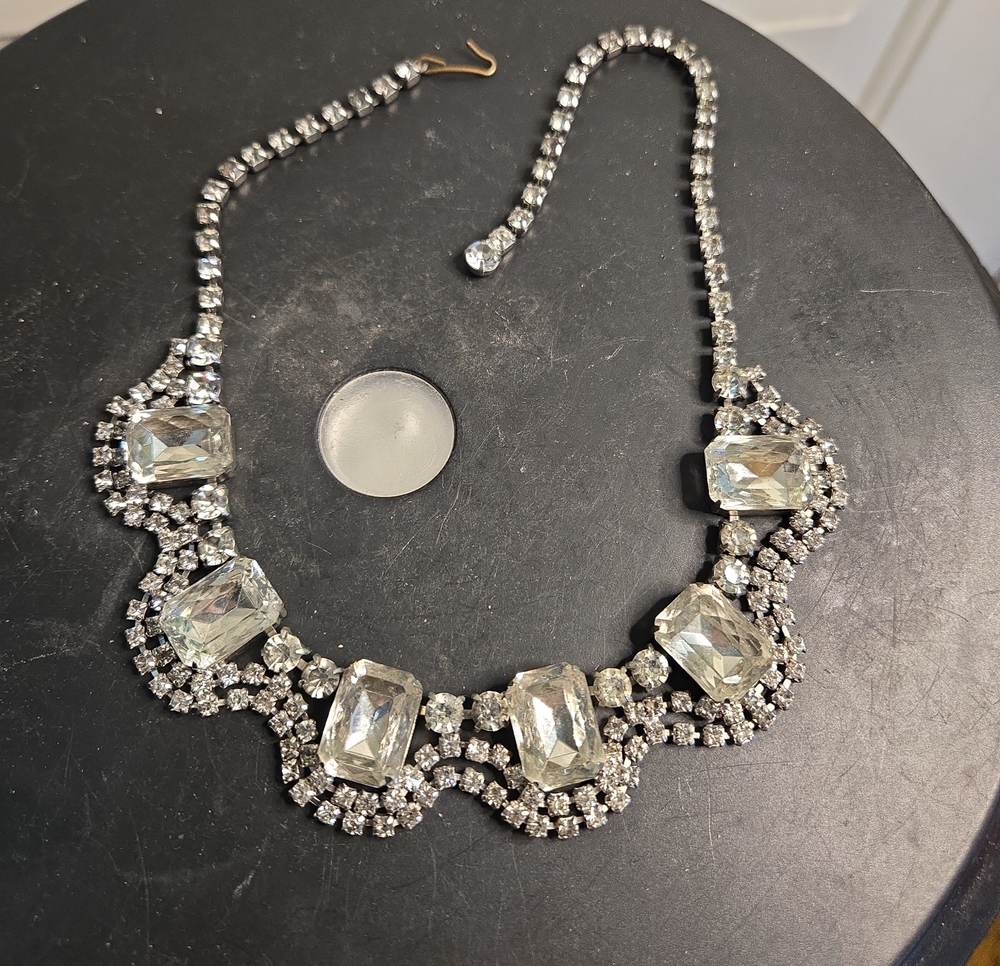 Vintage Crystal Icy Statement Necklace Silver Clear Rhinestone Collar